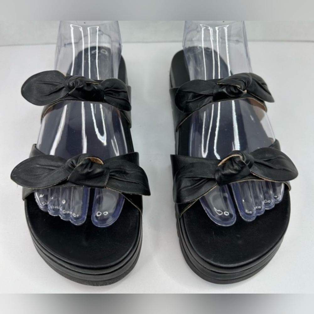 Black Double Bow Leather Upper Sandals Slippers Slides